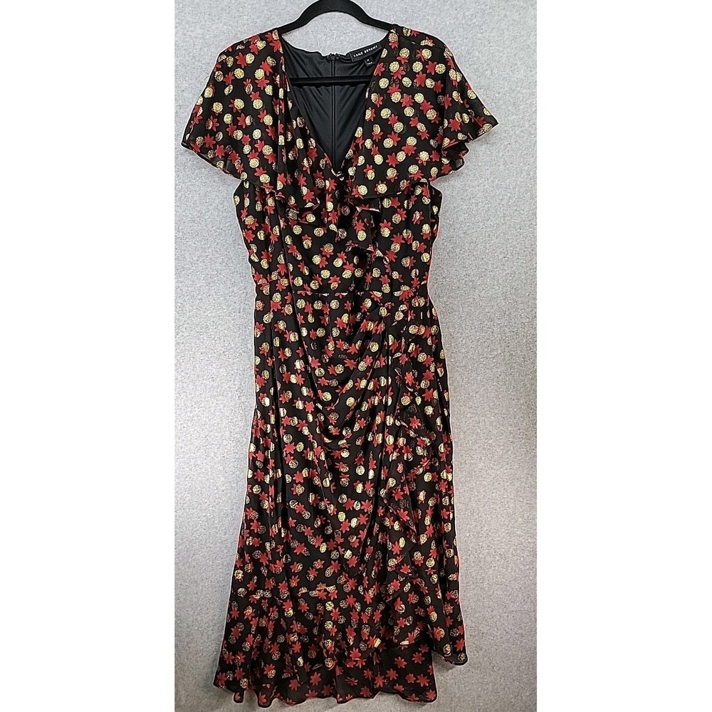 Lane Bryant Womens Sz 18 Frilly Ruffled Fitted Midi Dress Black Floral‎ Gold Dot